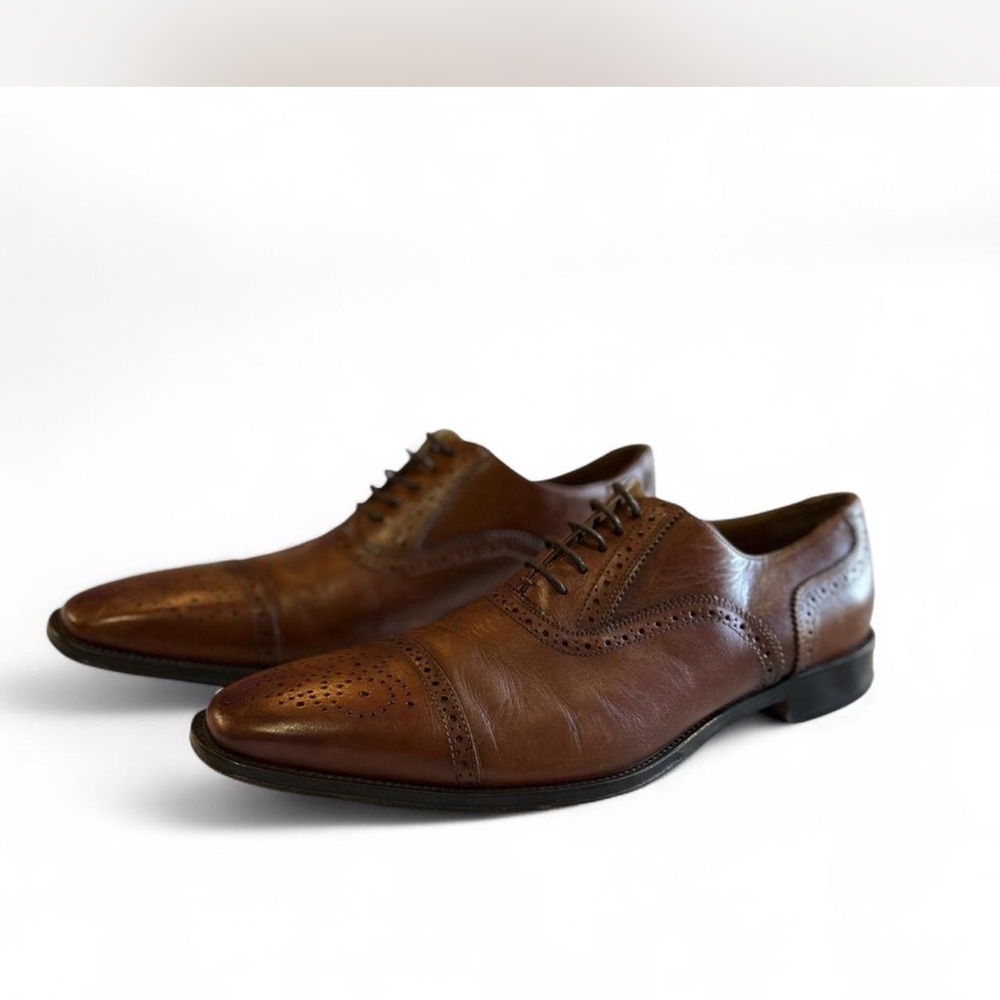 Men's Oxford Leather Dress Shoe Size 9.5 Lace Up Sterza Cap Toe Tan/Brown - Picture 3 of 8